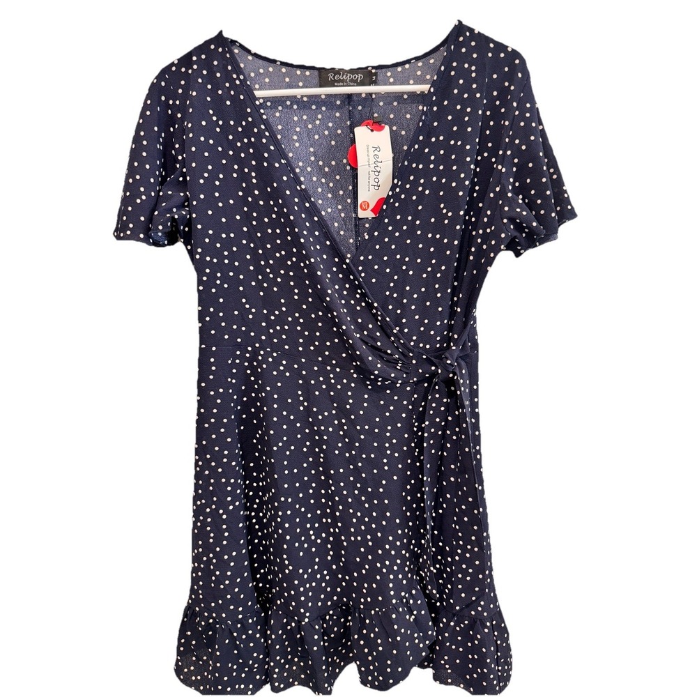 Relipop Polka Dot Wrap Dress Ruffle Hem Flutter Sleeve Navy Size M NWT